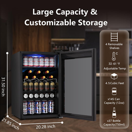 Electactic 37 Bottle Wine Fridge & 145 Can Beverage Refrigerator, Smart Temperature Control, Child Lock, 4.5 Cu.Ft