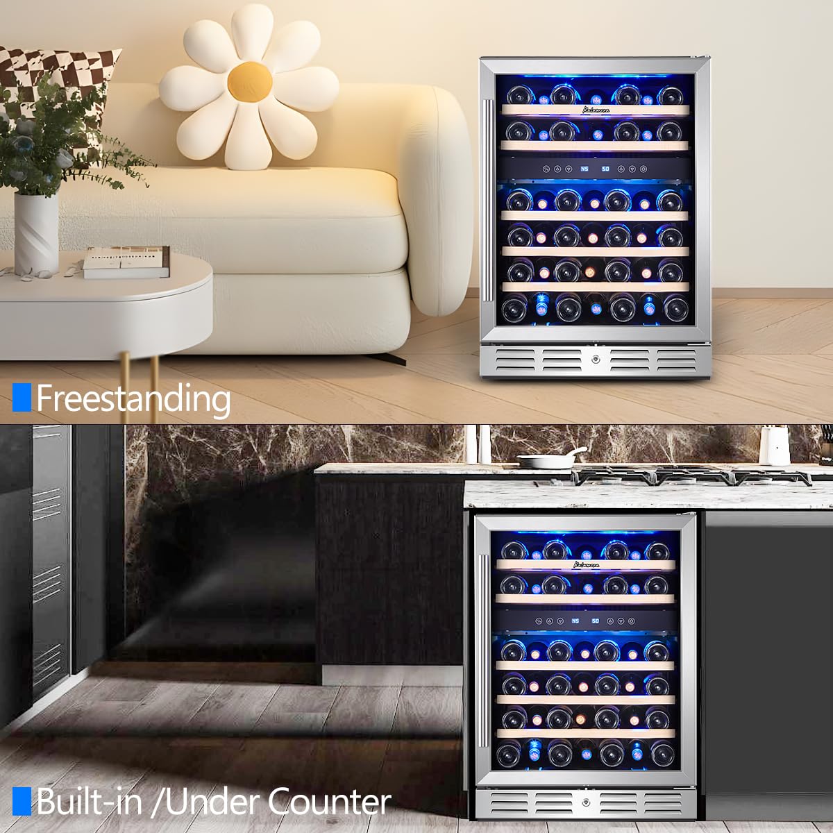 Kalamera 24" Wine Cooler, 37 Bottle Dual Zone Fridge, Stainless Steel Glass Door, Built-In or Freestanding