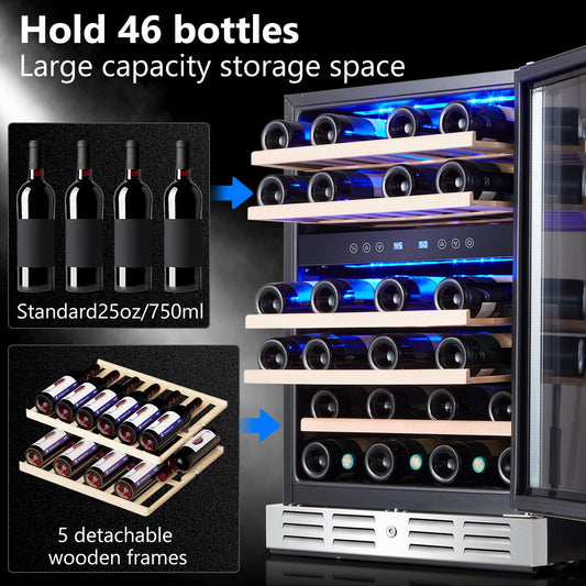 Kalamera 24" Wine Cooler, 37 Bottle Dual Zone Fridge, Stainless Steel Glass Door, Built-In or Freestanding