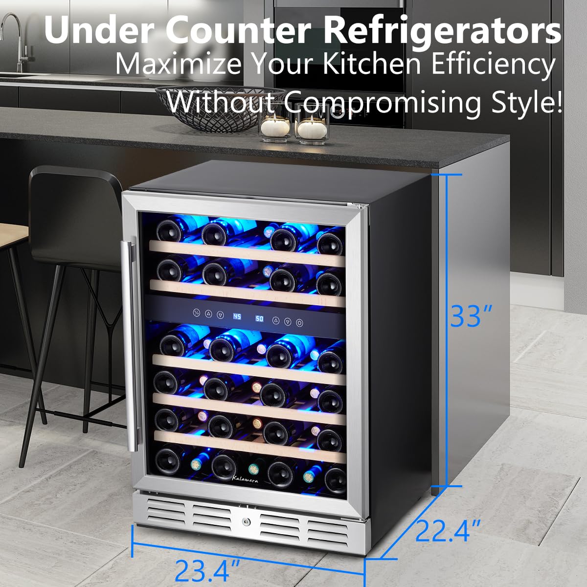 Kalamera 24" Wine Cooler, 37 Bottle Dual Zone Fridge, Stainless Steel Glass Door, Built-In or Freestanding