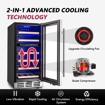 Icyglee 15" Dual Zone Wine Fridge, 30 Bottle Under Counter Cooler, Security Lock, Built-In Design