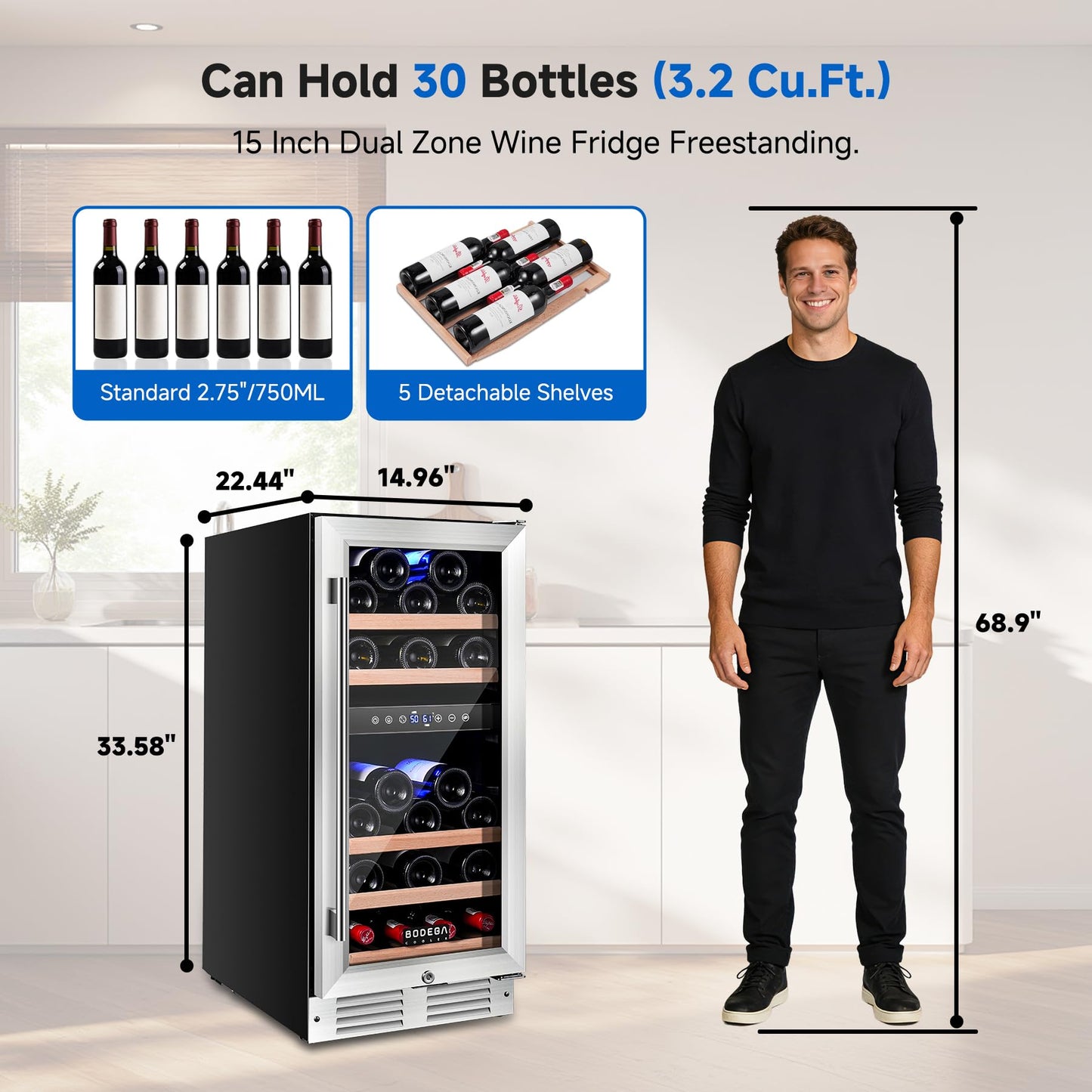 BODEGA 15" Wine Fridge, 30 Bottle Dual Zone Cooler, 41-72°F Compressor Wine Refrigerator, Built-In or Freestanding