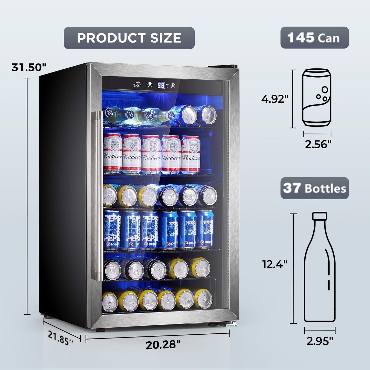 Electactic 37 Bottle Wine Cooler & 145 Can Beverage Refrigerator, Quiet Compressor, 4.5 Cu.Ft Silver