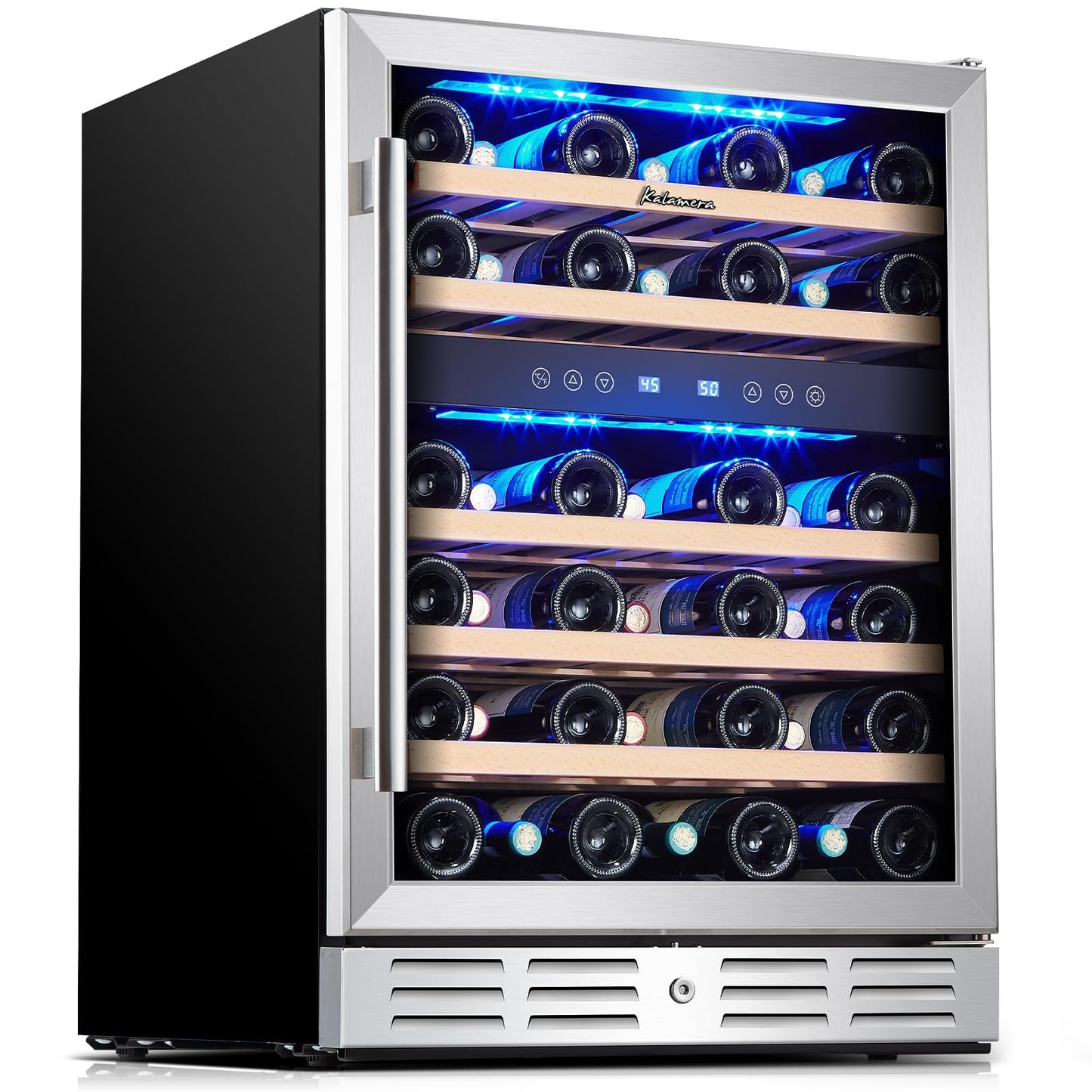 Kalamera 24" Wine Cooler, 37 Bottle Dual Zone Fridge, Stainless Steel Glass Door, Built-In or Freestanding