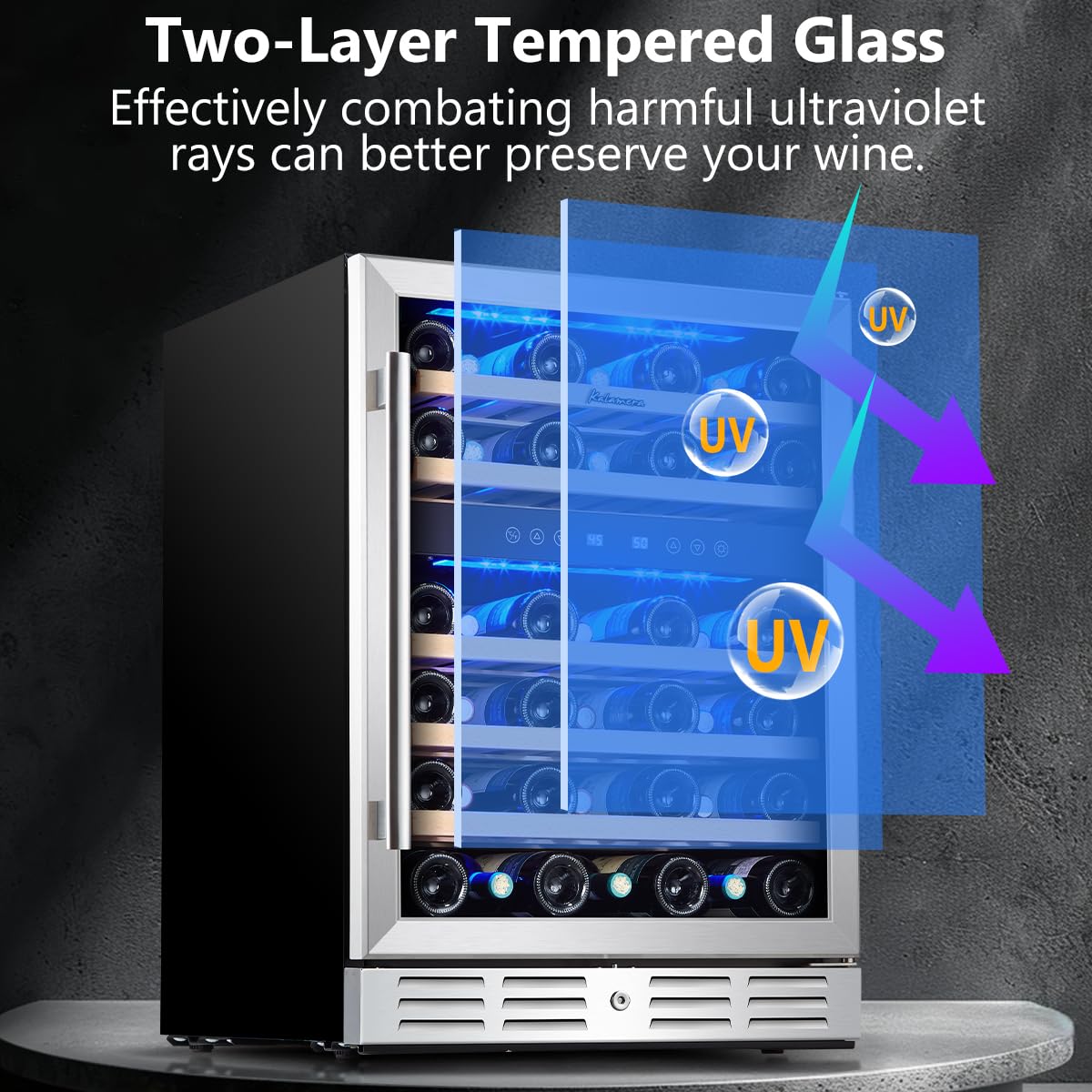 Kalamera 24" Wine Cooler, 37 Bottle Dual Zone Fridge, Stainless Steel Glass Door, Built-In or Freestanding