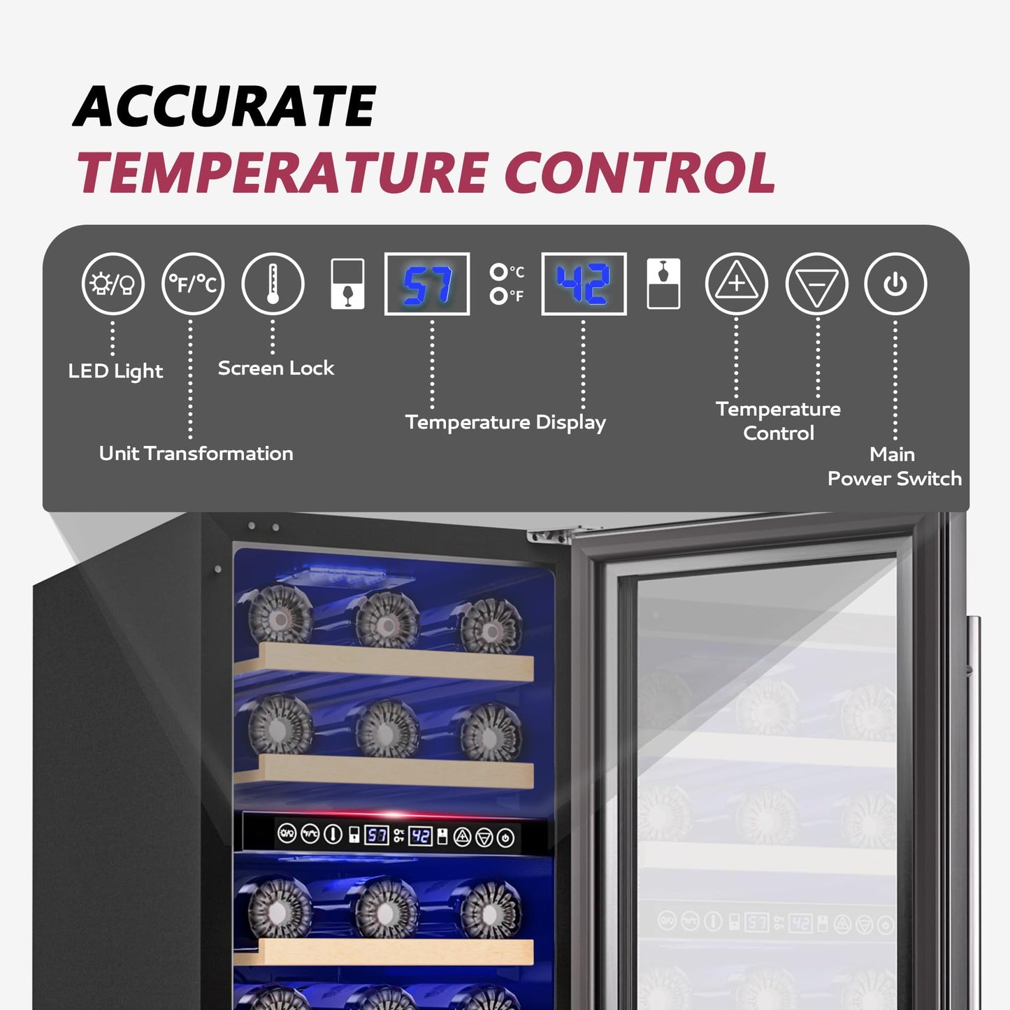 Icyglee 15" Dual Zone Wine Fridge, 30 Bottle Under Counter Cooler, Security Lock, Built-In Design