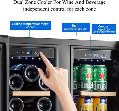 BODEGA 24" Wine & Beverage Refrigerator, Dual Zone Cooler, Holds 19 Bottles & 57 Cans, Built-In or Freestanding