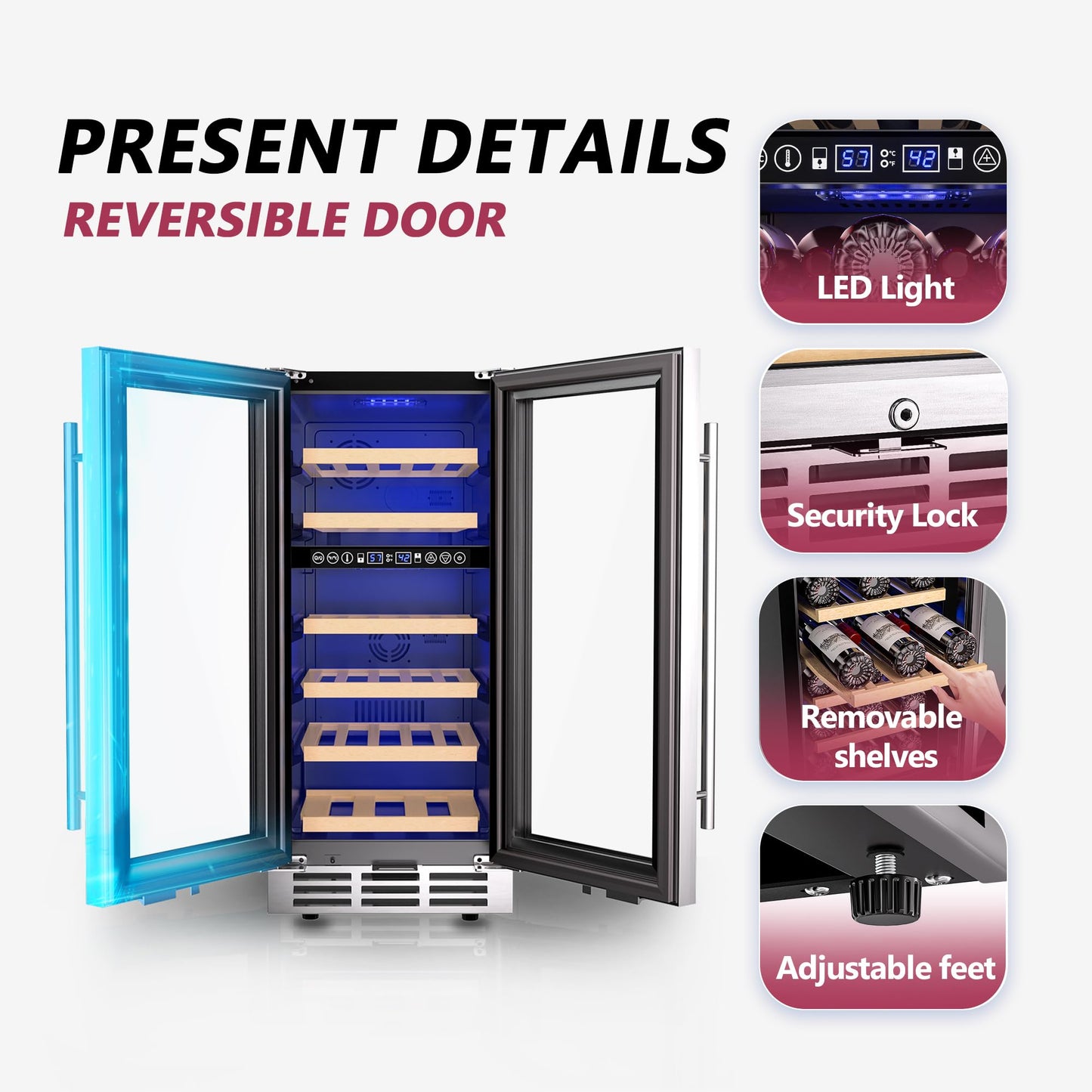 Icyglee 15" Dual Zone Wine Fridge, 30 Bottle Under Counter Cooler, Security Lock, Built-In Design