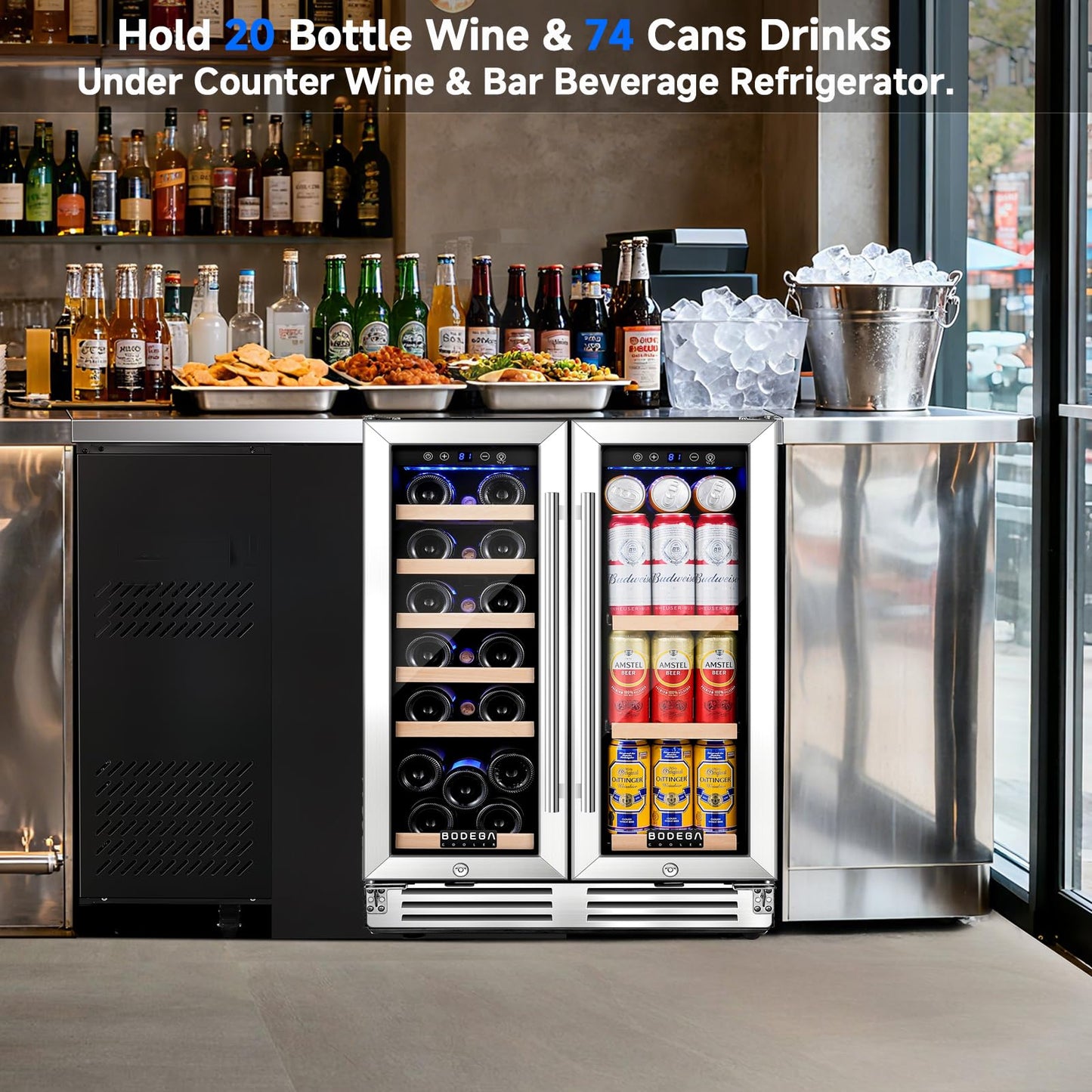 BODEGA 24" Wine & Beverage Refrigerator, Dual Zone Cooler, Holds 19 Bottles & 57 Cans, Built-In or Freestanding