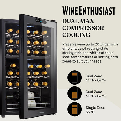 Wine Enthusiast 32-Bottle Dual Zone Compressor Wine Cooler, Digital Touchscreen, Matte Black Finish