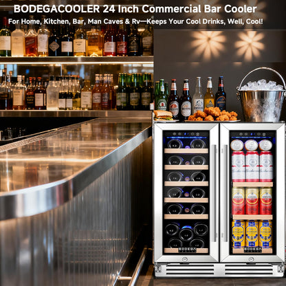 BODEGA 24" Wine & Beverage Refrigerator, Dual Zone Cooler, Holds 19 Bottles & 57 Cans, Built-In or Freestanding