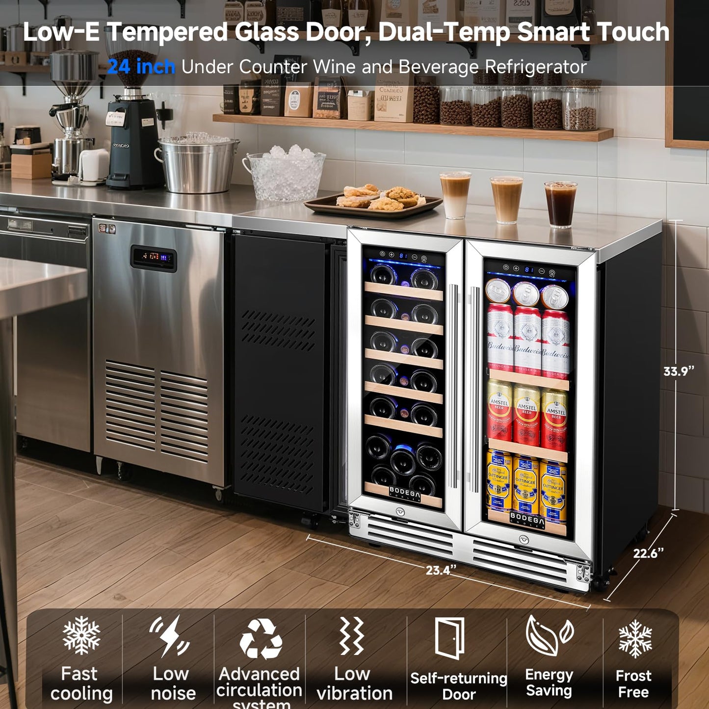 BODEGA 24" Wine & Beverage Refrigerator, Dual Zone Cooler, Holds 19 Bottles & 57 Cans, Built-In or Freestanding