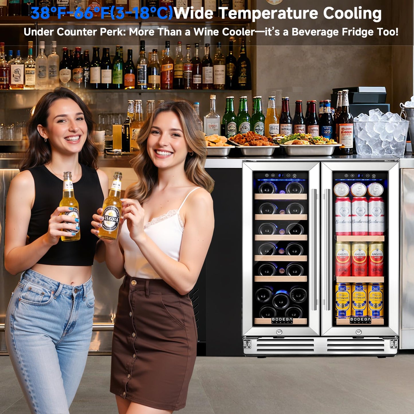BODEGA 24" Wine & Beverage Refrigerator, Dual Zone Cooler, Holds 19 Bottles & 57 Cans, Built-In or Freestanding