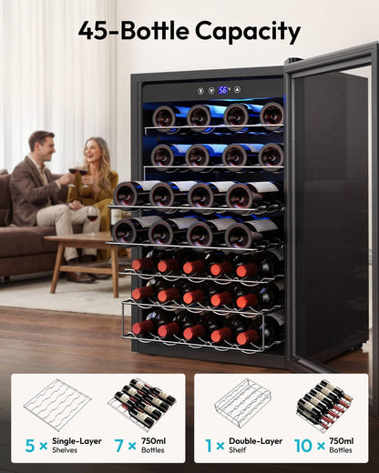 EUHOMY 45 Bottle Wine Cooler Refrigerator, Stainless Steel Glass Door, Adjustable Temperature, 4.5 Cu.Ft