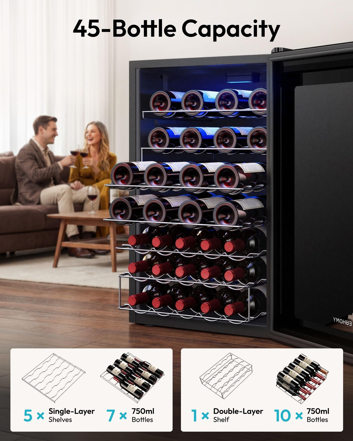 EUHOMY 45 Bottle Wine Cooler Refrigerator, Glass Door, Adjustable Temperature, 4.5 Cu.Ft Black