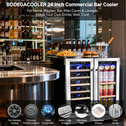 BODEGA 24" Wine & Beverage Refrigerator, Dual Zone Cooler, Holds 19 Bottles & 57 Cans, Built-In or Freestanding