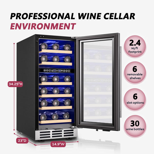 Icyglee 15" Dual Zone Wine Fridge, 30 Bottle Under Counter Cooler, Security Lock, Built-In Design